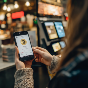 Femme observant son portefeuille crypto sur son smartphone