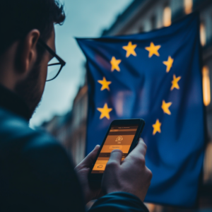 Homme tenant dans ses mains son smartphone et observant un portefeuille de cryptomonnaie. drapeau de l'UE en arrière plan